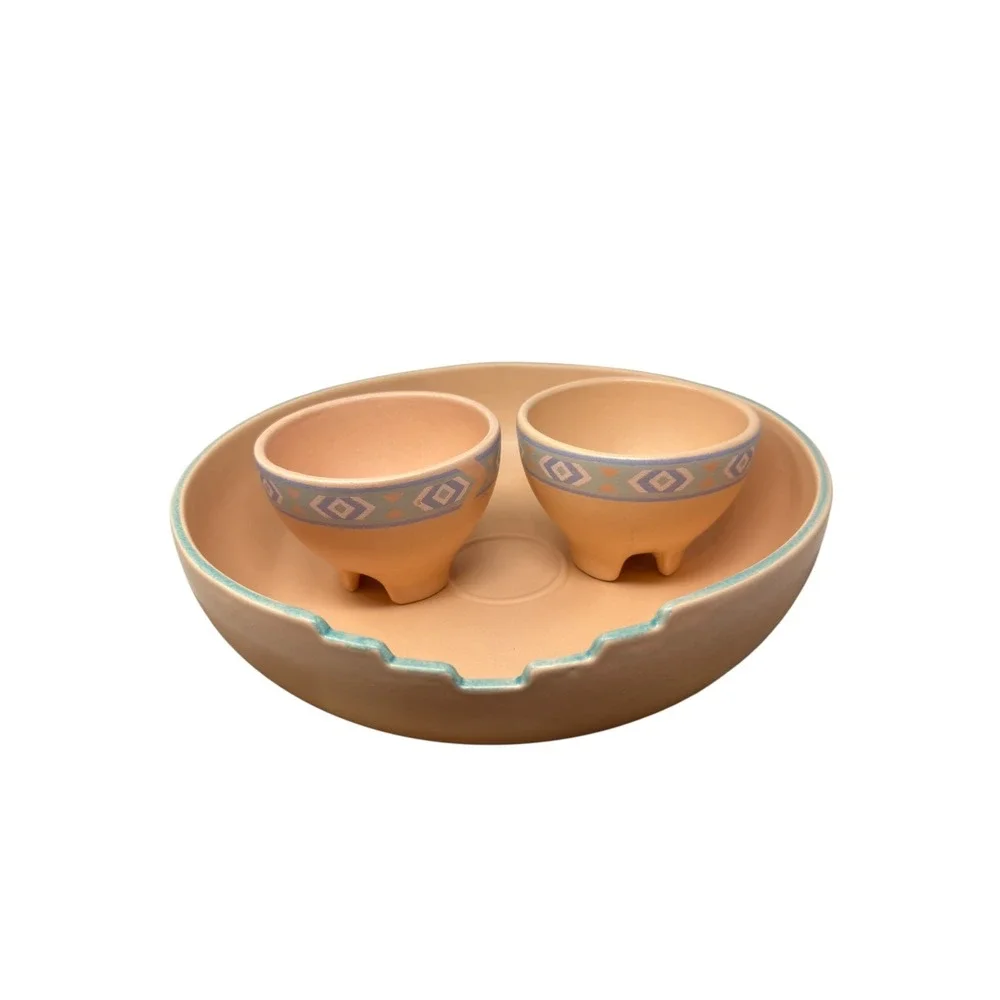 Treasure Craft Southwestern Chip and Dip Set Peach Teal Geometric 3pc Made USA